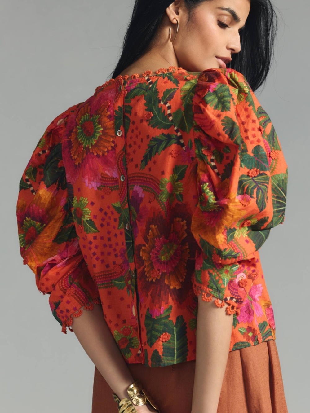 Farm Rio Blooming Garden Puff-Sleeve Top in Orange M - Picture 10 of 11